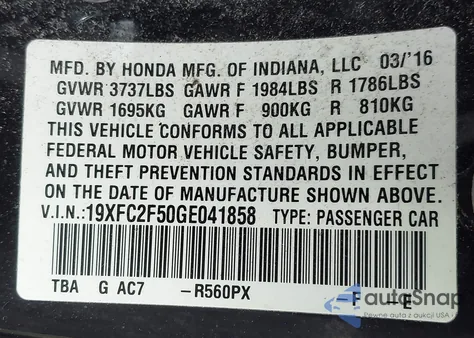 2016 Honda Civic Lx из США, поврежденный, VIN 19XFC2F50GE041858